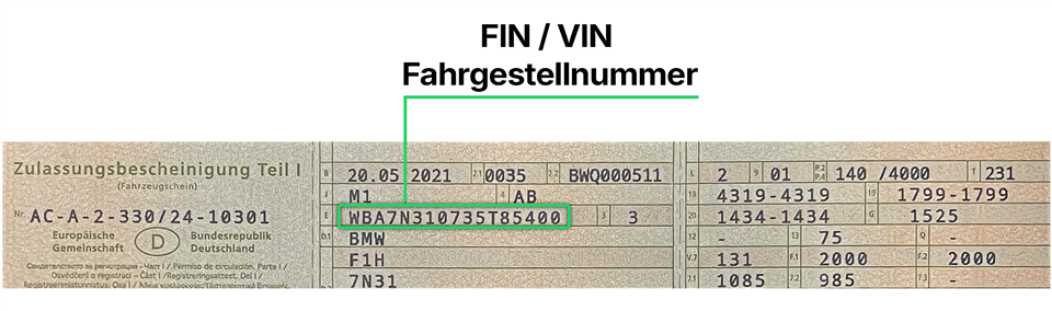 FIN / VIN (Fahrgestellnummer) auf der Zulassungsbescheinigung Teil I — Feld E